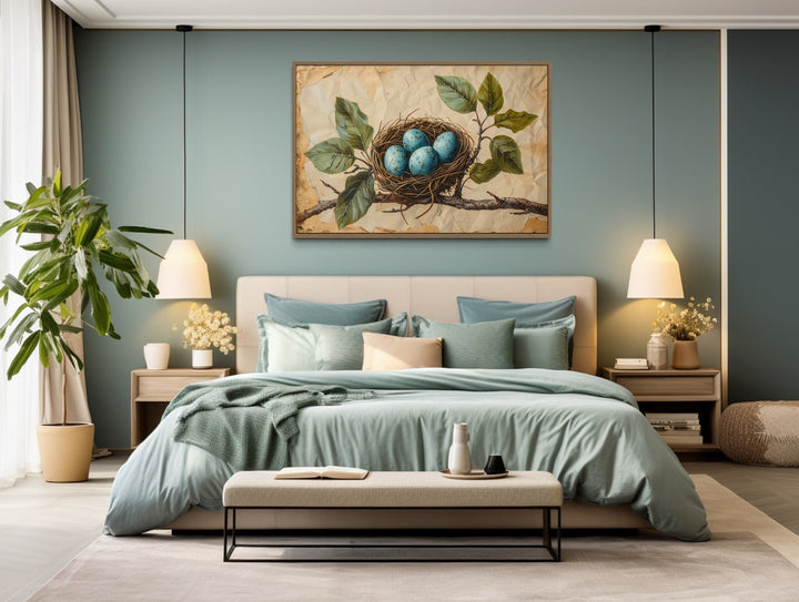 Bird Nest With Blue Eggs On Rustic Background Wall Art