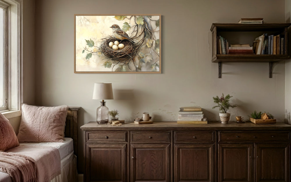 Bird Nest With Eggs and A Bird Rustic Canvas Wall Art