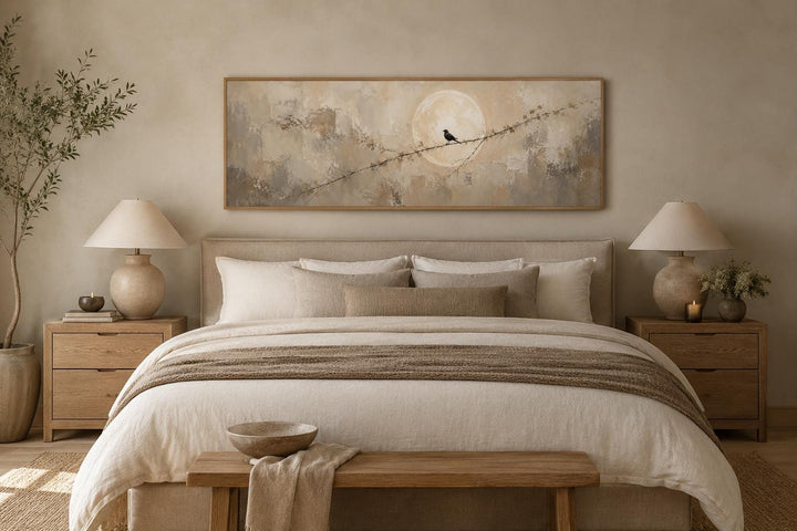 Bird on branch silhouette with moon neutral beige abstract canvas print above a bed.