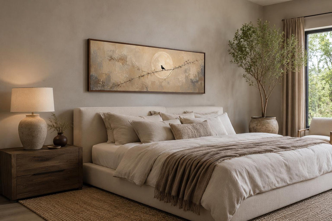 Bird on branch silhouette with moon neutral beige abstract canvas print above a bed.