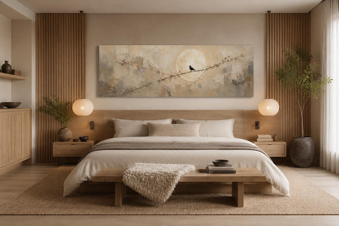Bird on branch silhouette with moon neutral beige abstract canvas print above a bed.