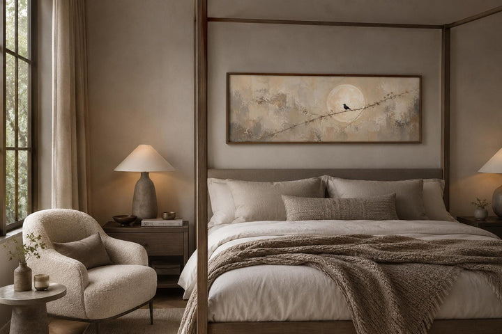 Bird on branch silhouette with moon neutral beige abstract canvas print above a bed.