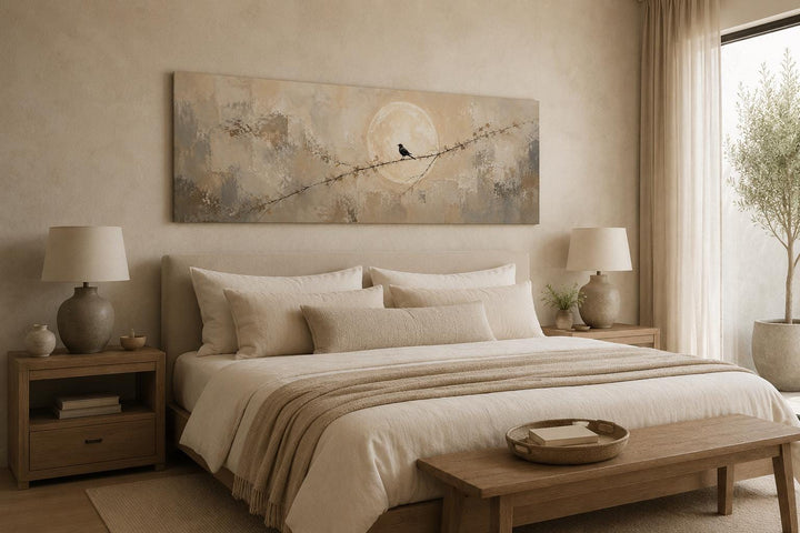 Bird on branch silhouette with moon neutral beige abstract canvas print hanging above a bed.