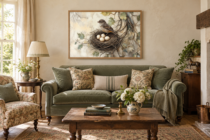 Rustic canvas wall art of a bird nest with eggs and a bird, framed above a green velvet sofa.