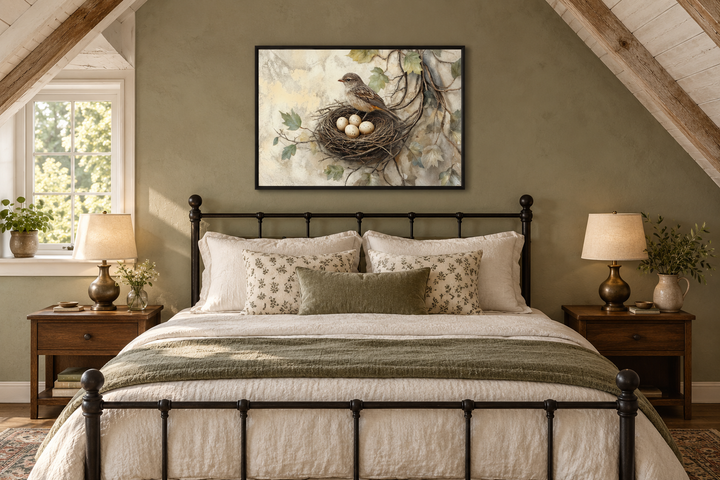Rustic canvas wall art of a bird nest with eggs and a bird, framed above a bed in a cozy bedroom.