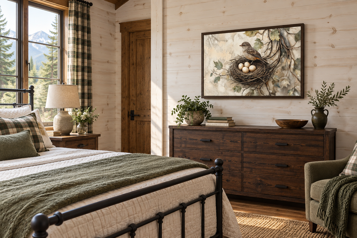 Rustic canvas wall art of a bird in a nest with eggs above a dark wood dresser in a bedroom.
