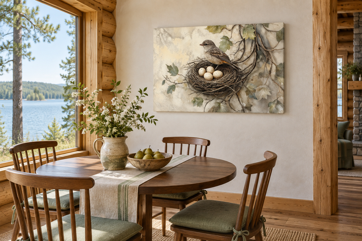 Bird Nest With Eggs and A Bird Rustic Canvas Wall Art in a farmhouse dining room.