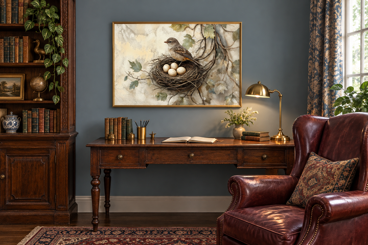 Rustic canvas wall art featuring a bird on a nest with eggs, framed above a vintage wooden desk.