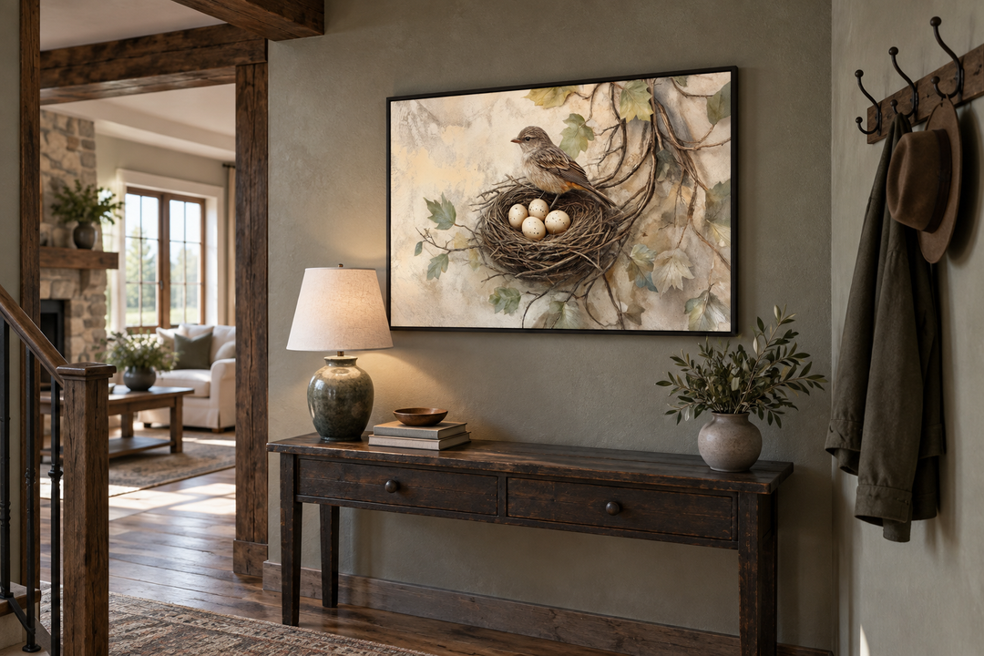 Rustic canvas wall art of a bird perched on a nest with eggs, displayed above a wooden console table.