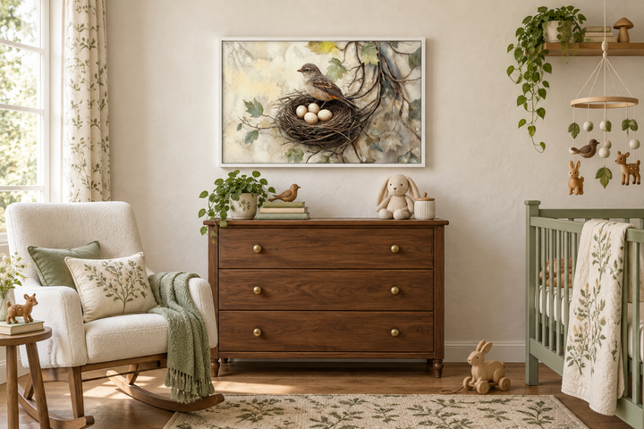 Rustic canvas wall art of a bird nest with eggs and a bird, framed above a wooden dresser.