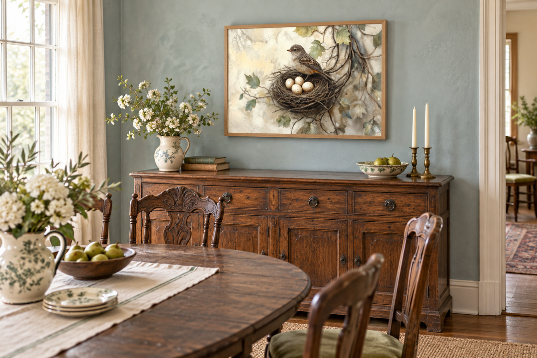Rustic canvas wall art of a bird nest with eggs and a bird, framed above a wooden sideboard.