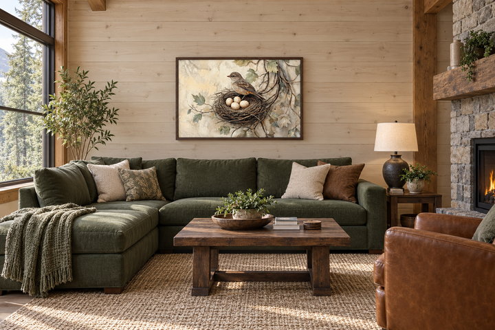 Bird Nest With Eggs and A Bird Rustic Canvas Wall Art hanging in a cozy, wood-paneled living room.