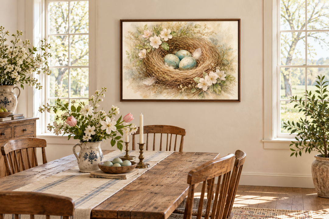 Bird nest wall art canvas print with blue eggs and pastel flowers above a rustic dining table.