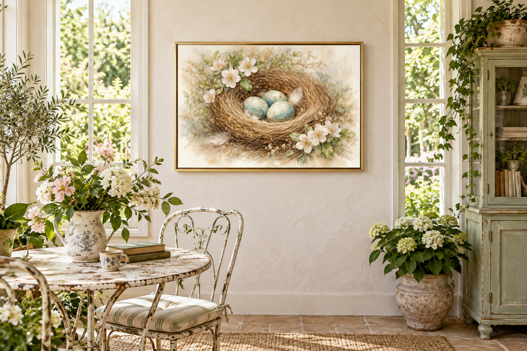Bird nest wall art with three blue eggs and pastel flowers in a gold frame above a bistro table.