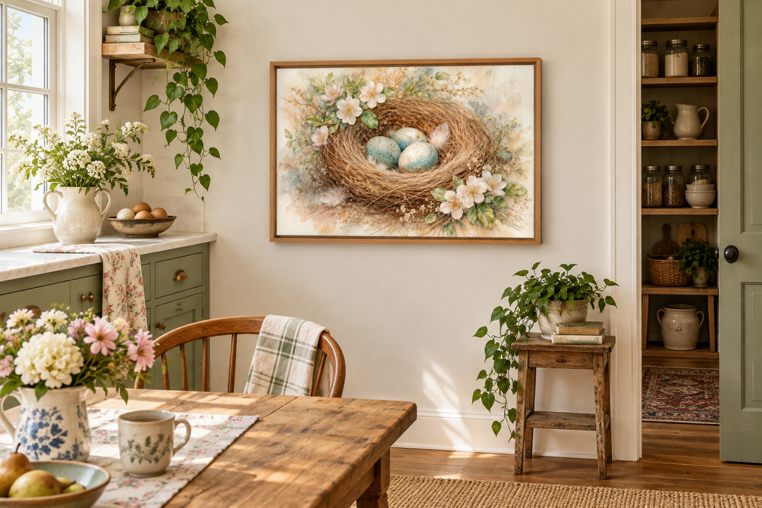 Bird nest wall art canvas print with three blue eggs and pastel flowers in a rustic kitchen setting.