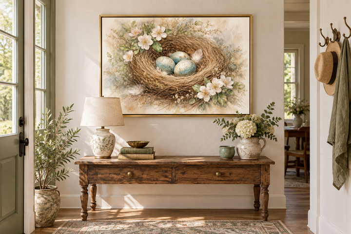Bird nest canvas print with three blue eggs and pastel flowers above a rustic wooden console table.