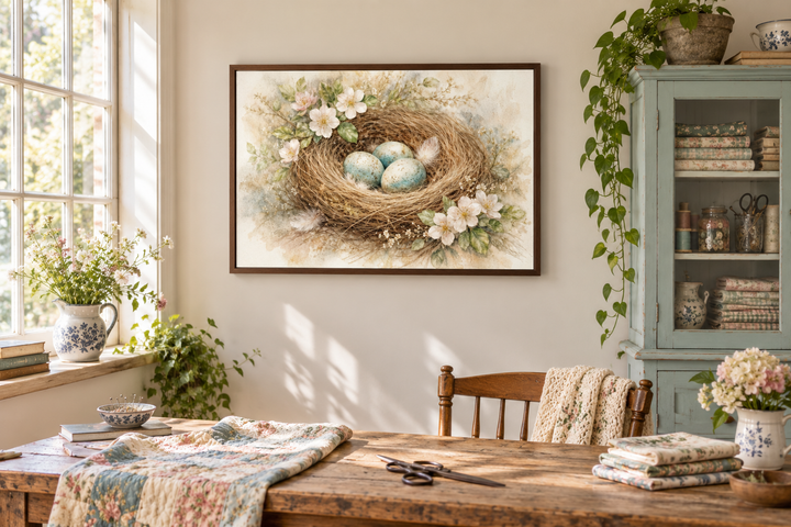 Bird nest wall art canvas print with three blue eggs and pastel flowers in a rustic room setting.