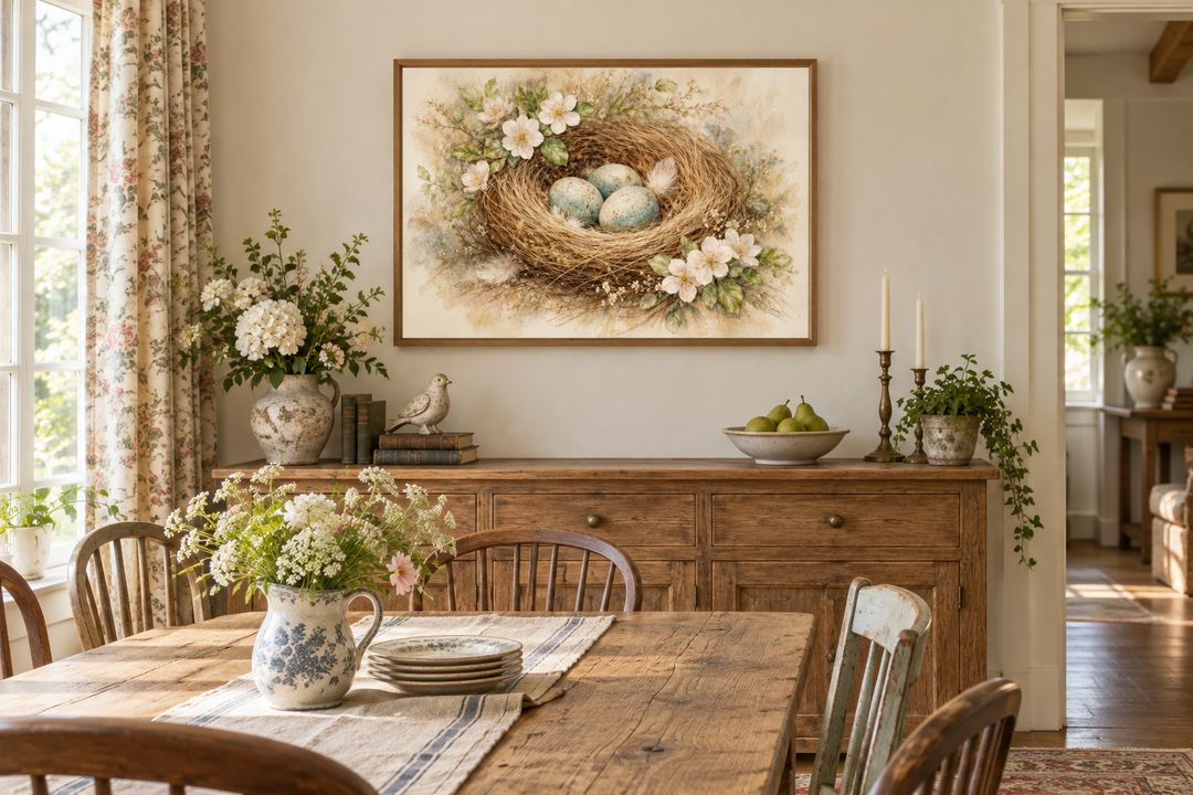 Bird nest wall art canvas print with blue eggs and pastel florals above a wooden sideboard.