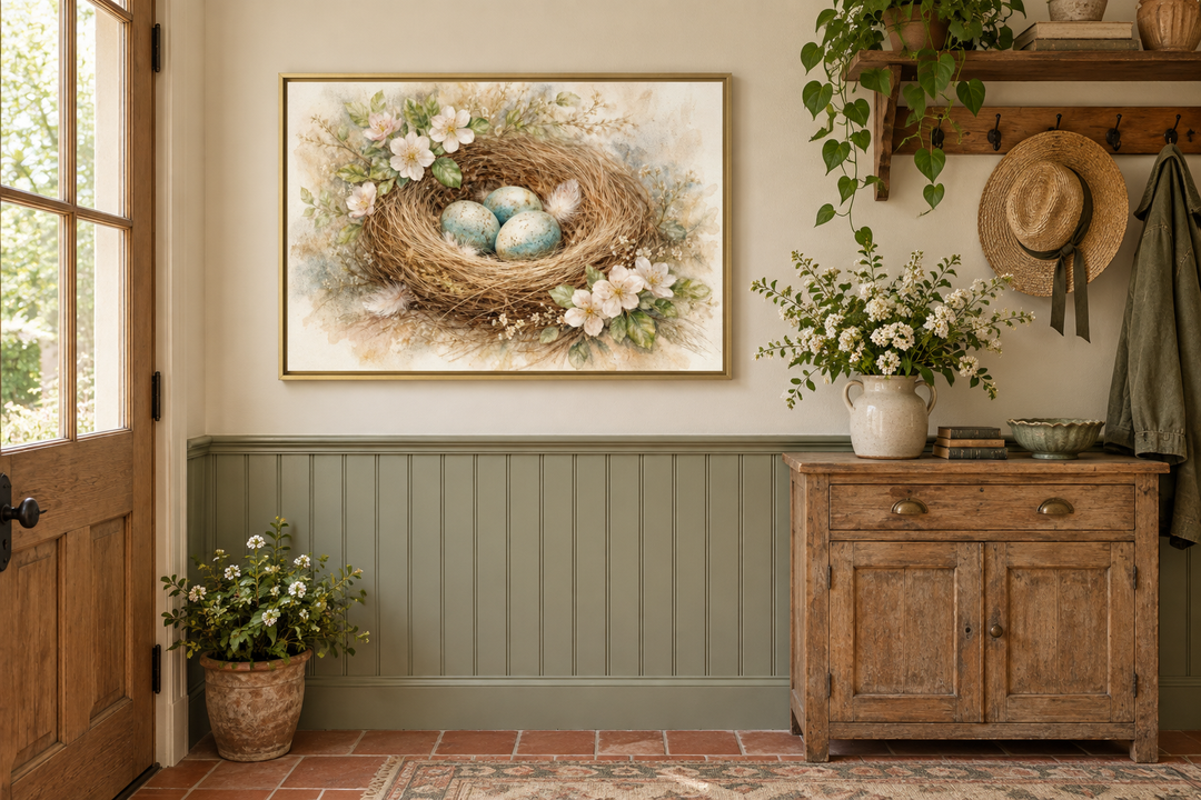 Bird nest wall art canvas print with three blue eggs and spring florals in a gold frame.