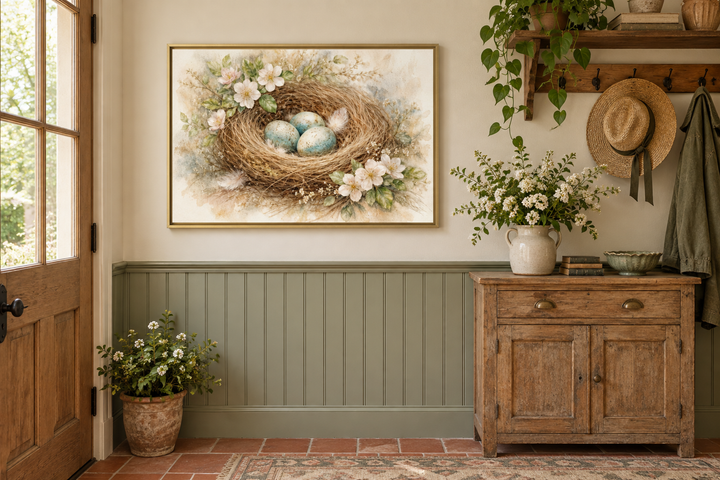 Bird nest wall art canvas print with three blue eggs and spring florals in a gold frame.