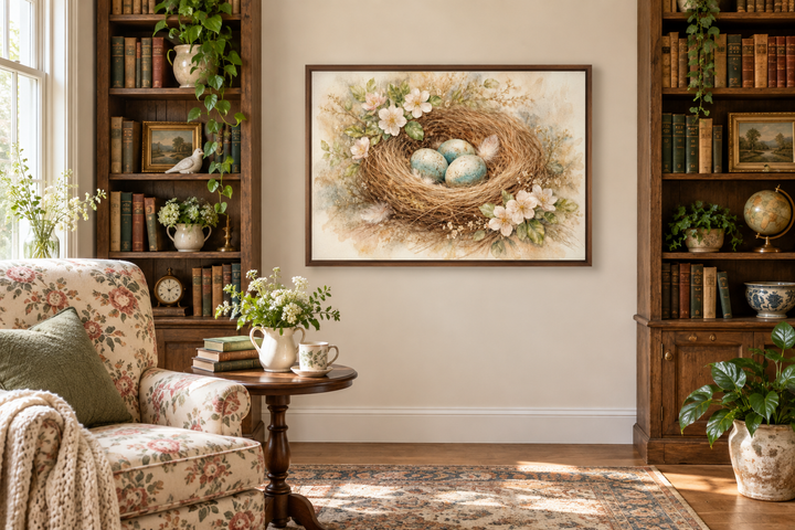 Bird nest wall art canvas print with three blue eggs and pastel flowers in a cozy living room.