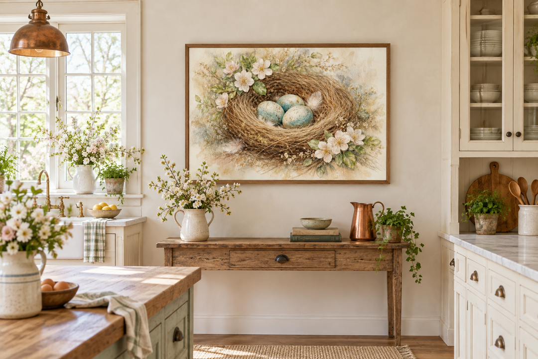 Bird nest wall art canvas print with blue eggs and spring florals above a rustic wooden table.