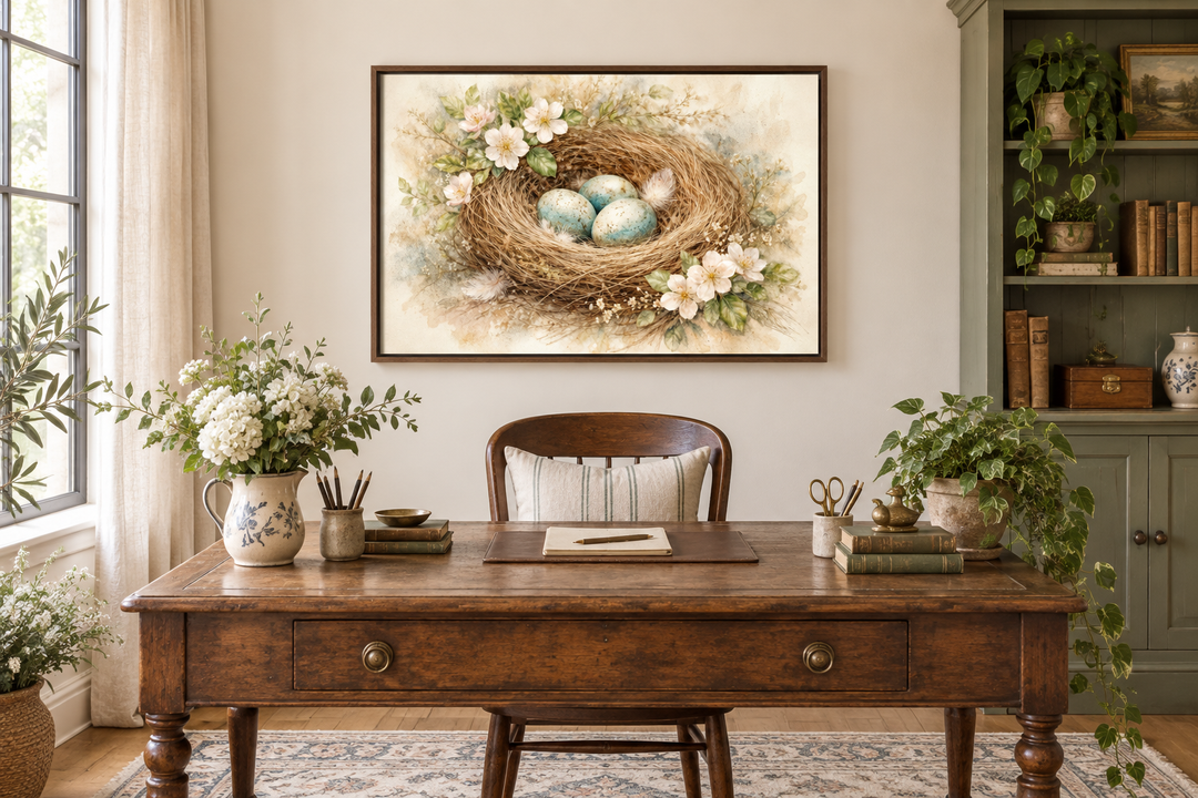 Bird nest canvas print with three blue eggs and spring florals above a vintage wooden desk.