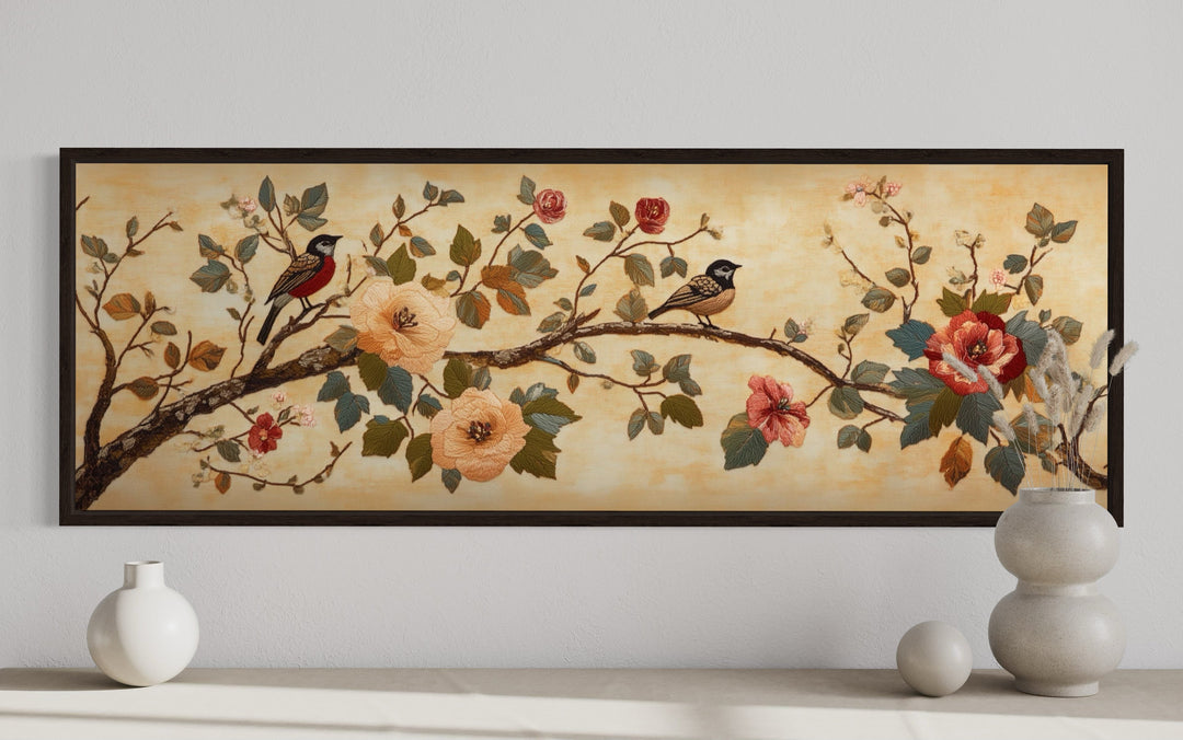 Birds On A Branch Long Horizontal Antique Framed Tapestry Canvas Wall Art