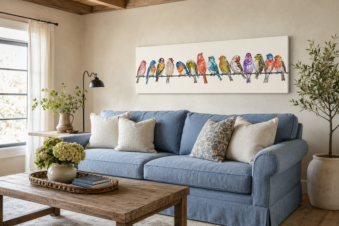 Birds On A Wire Long Horizontal Framed Canvas Wall Art above a blue sofa in a living room.