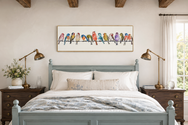 Birds On A Wire Long Horizontal Framed Canvas Wall Art displayed above a bed in a bedroom.