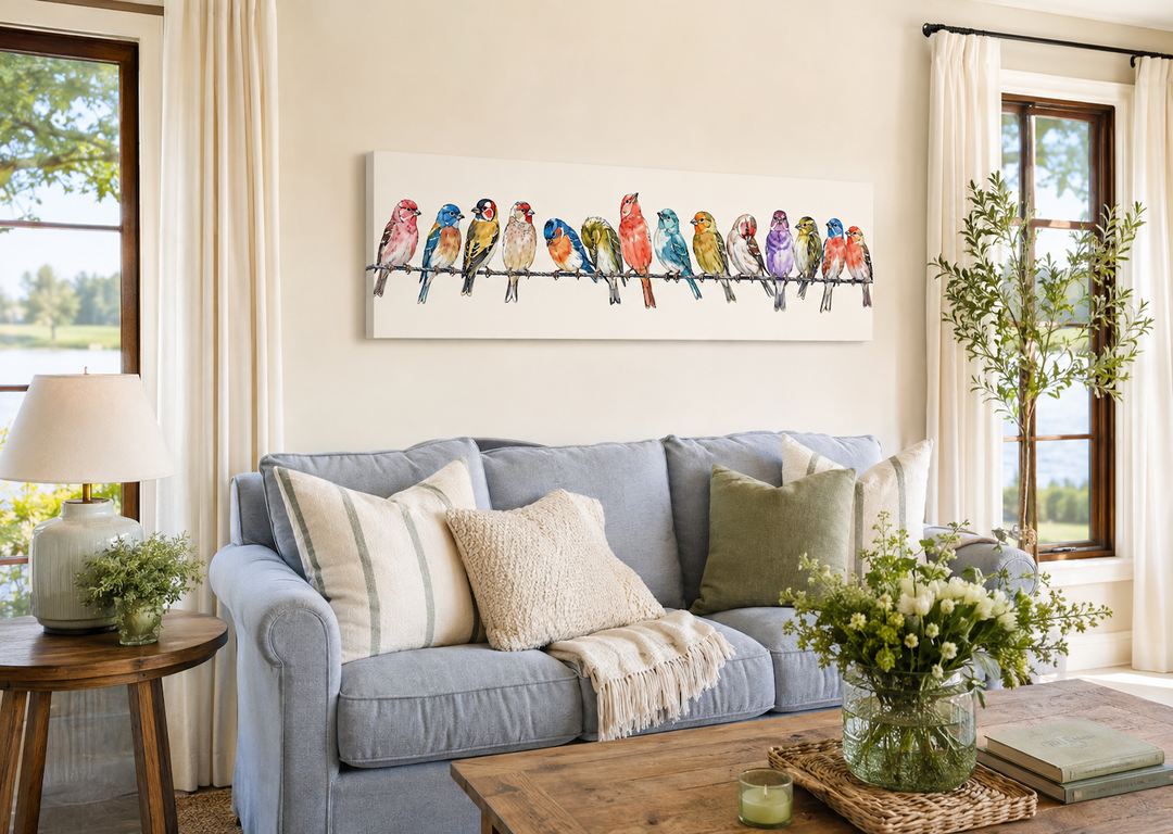 Birds On A Wire Long Horizontal Framed Canvas Wall Art above a blue sofa in a living room.
