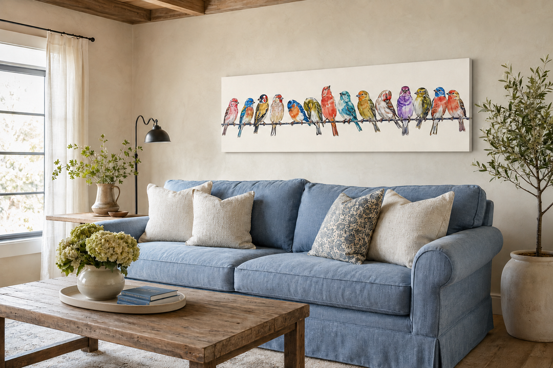 Birds On A Wire Long Horizontal Framed Canvas Wall Art above a blue sofa in a living room.