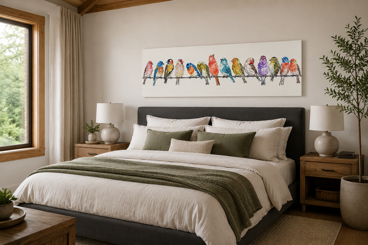 Long horizontal framed canvas wall art featuring colorful birds on a wire above a bed.