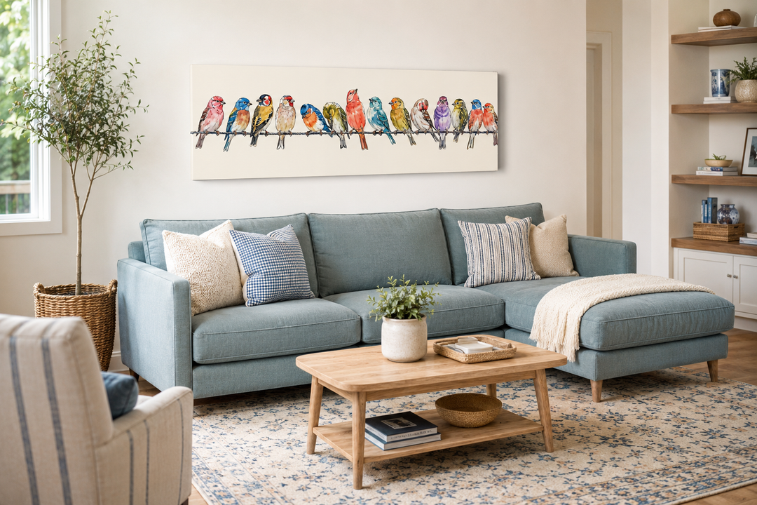 Birds On A Wire Long Horizontal Framed Canvas Wall Art displayed above a blue sectional sofa.