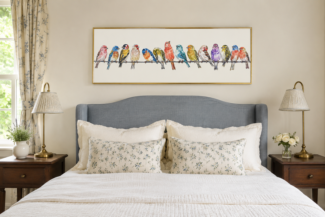 Birds On A Wire Long Horizontal Framed Canvas Wall Art displayed above a bed in a bedroom.