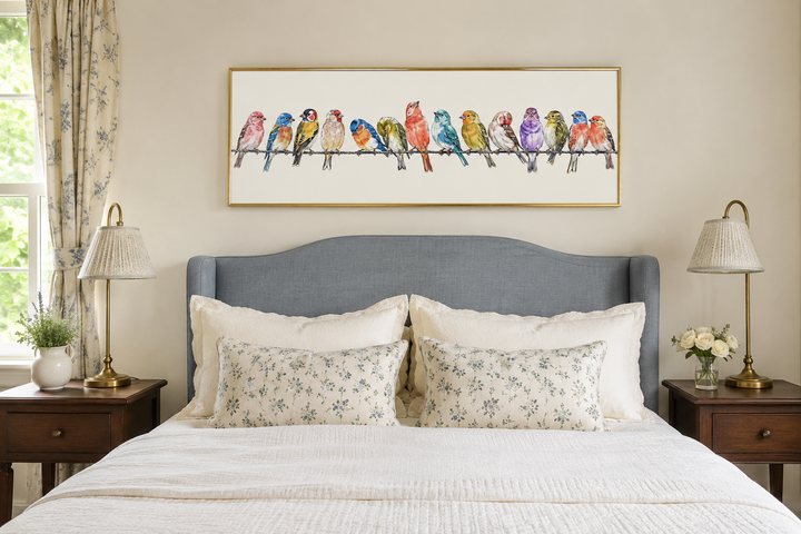 Birds On A Wire Long Horizontal Framed Canvas Wall Art displayed above a bed in a bedroom.