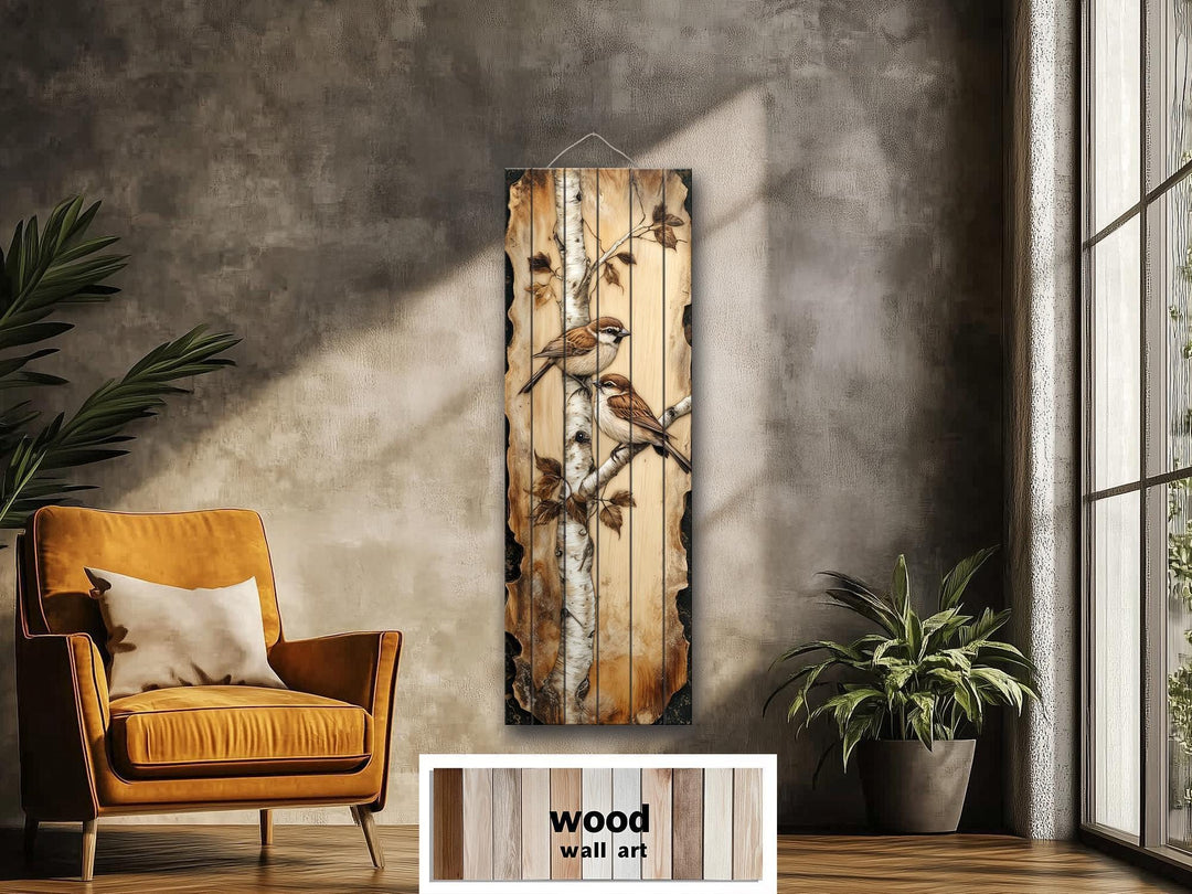 Birds On Birch Tree Vertical Narrow Distressed Wood Wall Decor