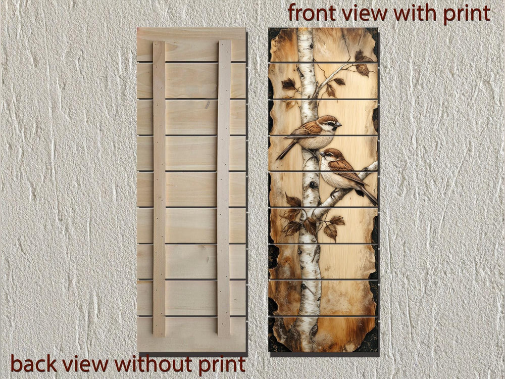 Birds On Birch Tree Vertical Narrow Distressed Wood Wall Decor
