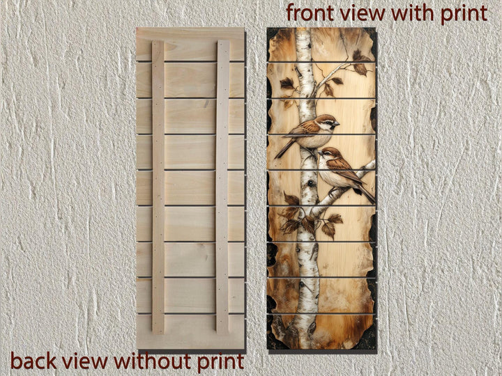 Birds On Birch Tree Vertical Narrow Distressed Wood Wall Decor