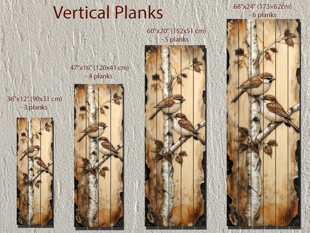 Birds On Birch Tree Vertical Narrow Distressed Wood Wall Decor