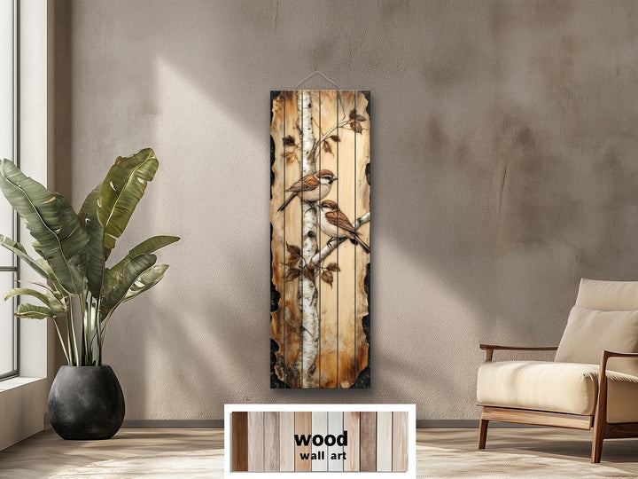 Birds On Birch Tree Vertical Narrow Distressed Wood Wall Decor