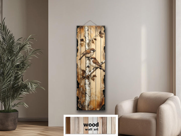 Birds On Birch Tree Vertical Narrow Distressed Wood Wall Decor
