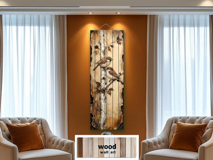 Birds On Birch Tree Vertical Narrow Distressed Wood Wall Decor