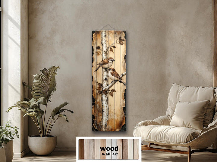 Birds On Birch Tree Vertical Narrow Distressed Wood Wall Decor
