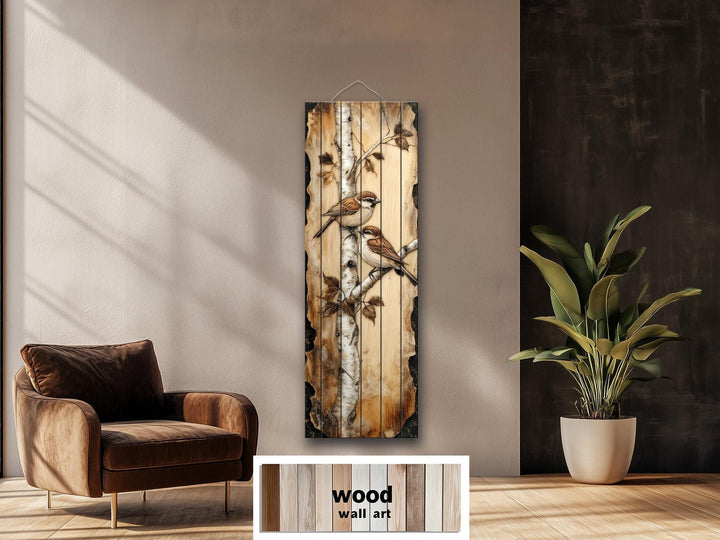Birds On Birch Tree Vertical Narrow Distressed Wood Wall Decor