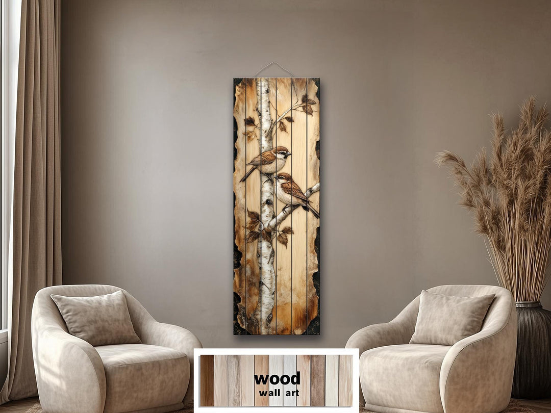 Birds On Birch Tree Vertical Narrow Distressed Wood Wall Decor