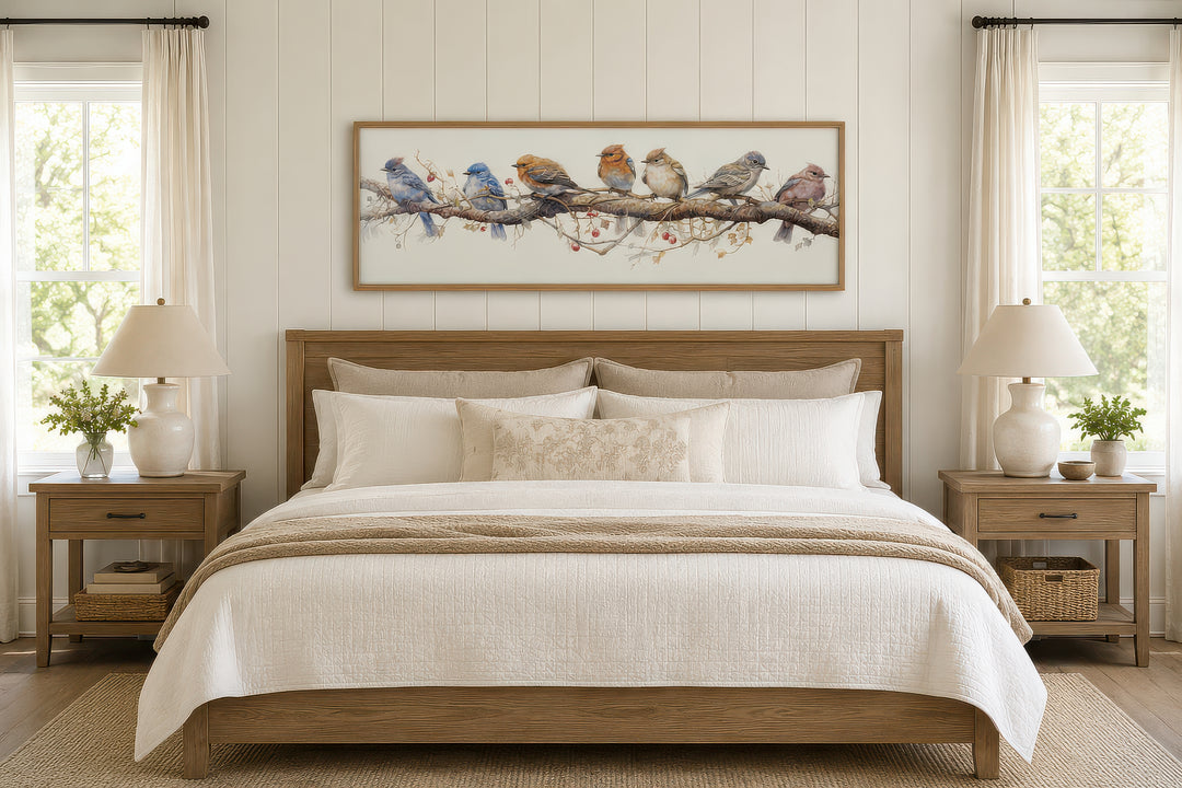 Horizontal framed canvas wall art featuring seven colorful birds perched on a branch.