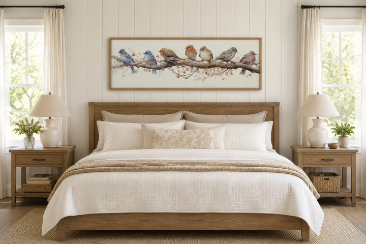 Horizontal framed canvas wall art featuring seven colorful birds perched on a branch.