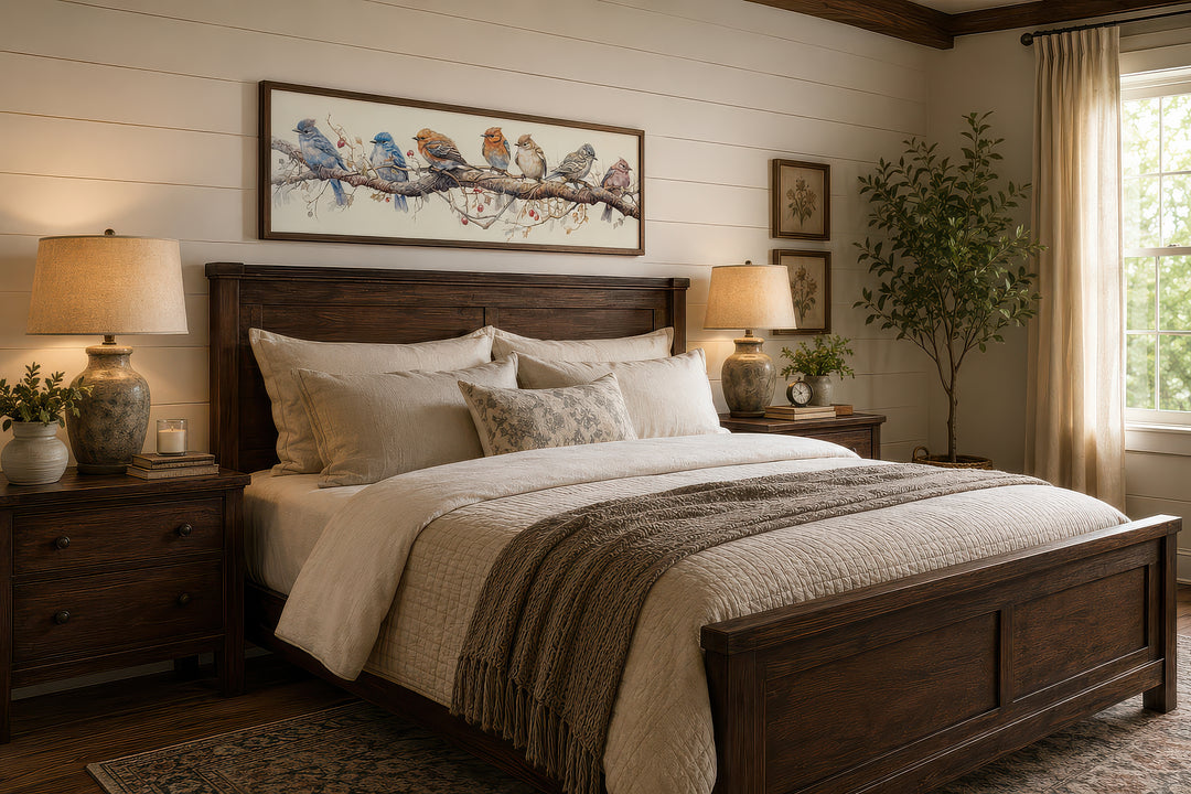 Horizontal framed canvas wall art featuring colorful birds perched on a branch above a bed.
