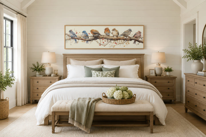 Horizontal framed canvas wall art featuring colorful birds perched on a branch above a bed.